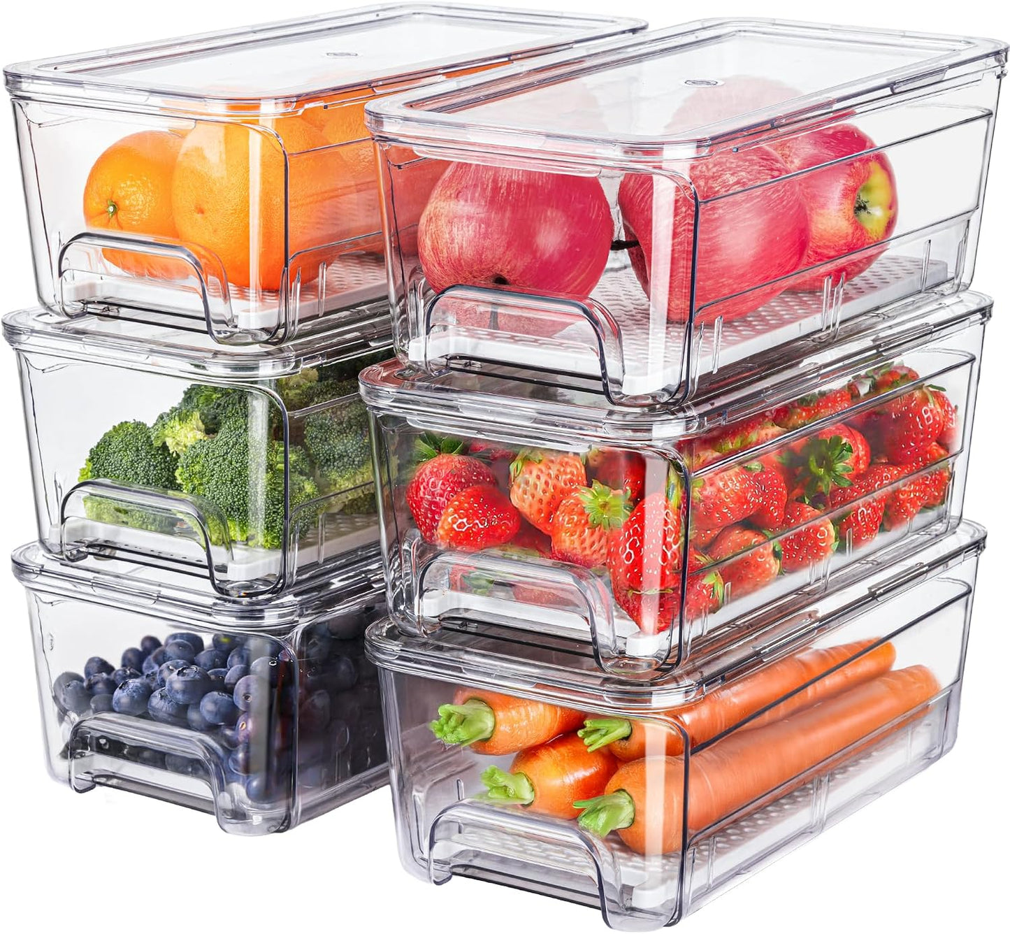 4-Pack Refrigerator Drawer Organizer Bins, Clear Stackable Pull Out Fridge Organizers and Storage Container, with Strainer Layer for Fruits, Vegetables, Drinks, Snack and Food
