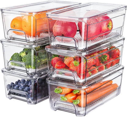 4-Pack Refrigerator Drawer Organizer Bins, Clear Stackable Pull Out Fridge Organizers and Storage Container, with Strainer Layer for Fruits, Vegetables, Drinks, Snack and Food