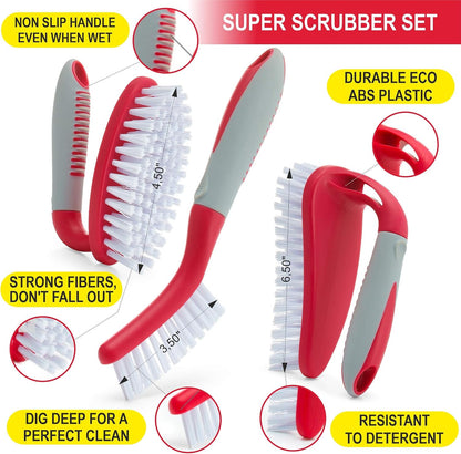 Scrub Brush Set of 3pcs - Cleaning Shower Scrubber with Ergonomic Handle and Durable Bristles - Grout Cleaner Brush - Scrub Brushes for Cleaning Bathroom/Shower/Tile/Kitchen/Floor/Bathtub/Carpet