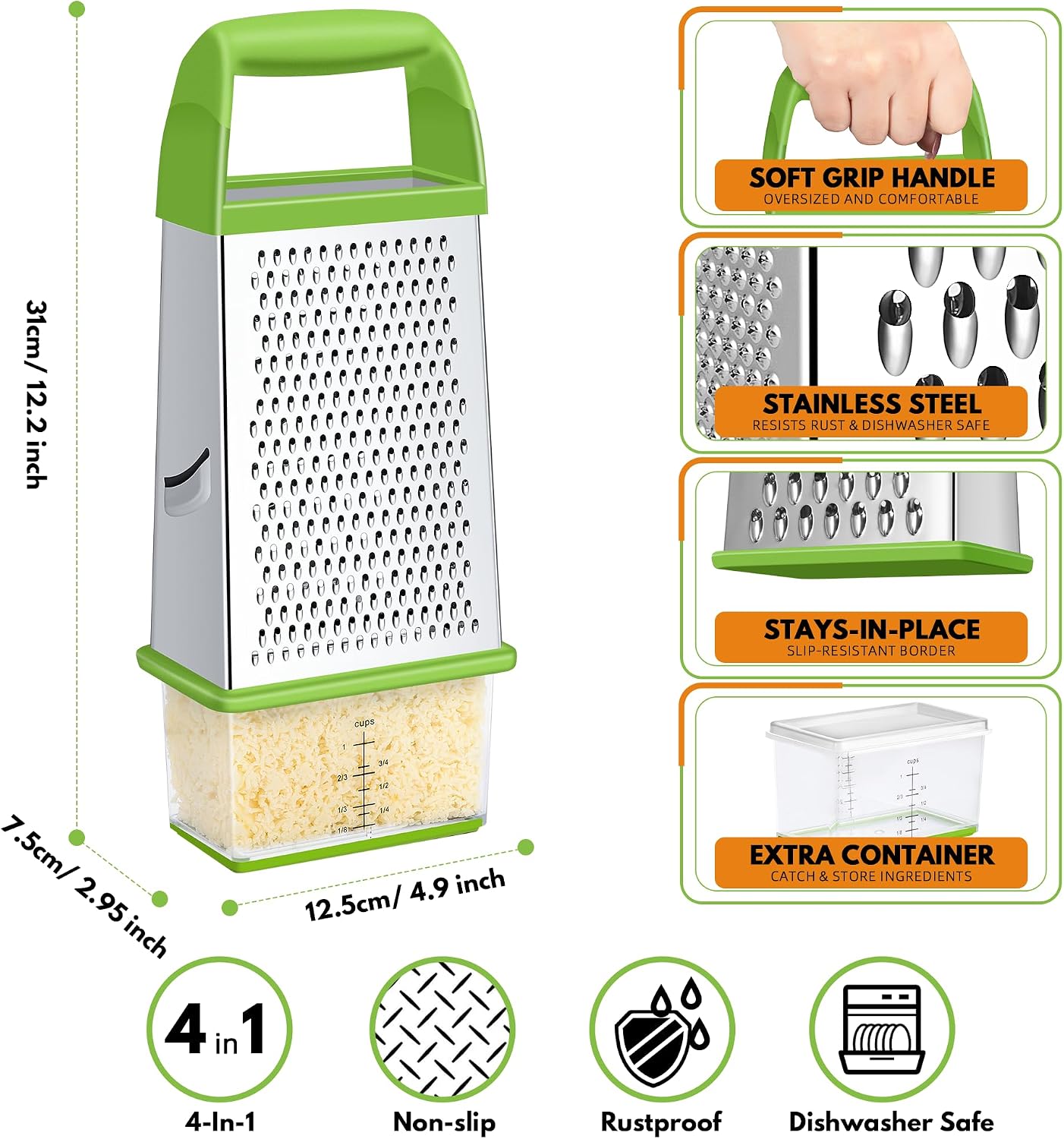 Urbanstrive Cheese Grater With Container Box Grater Stainless Steel Graters for Kitchen Cheese Shredder Parmesan Shredder Kitchen Gadgets Kitchen Tools Kitchen Gifts for Chef Dishwasher Safe Zester