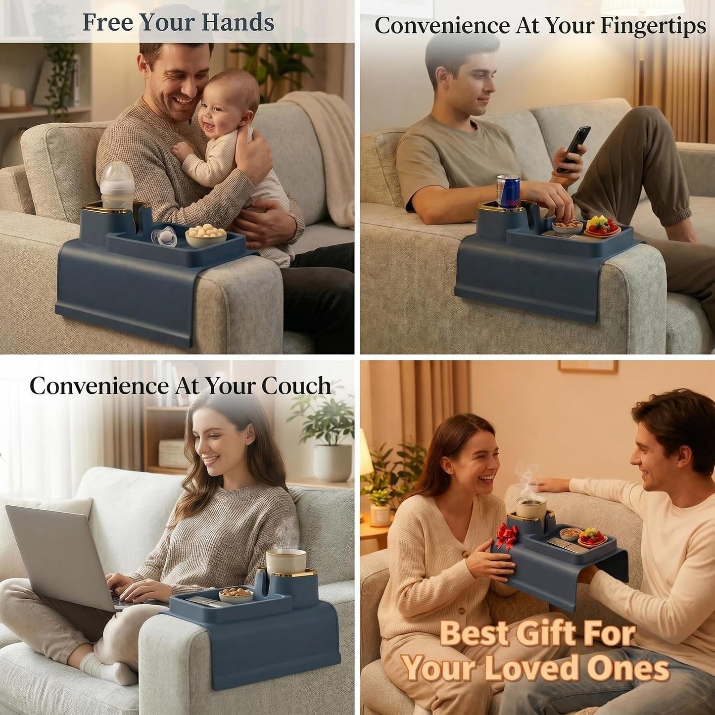 Luxury Gold Trim Couch Cup Holder Tray - Weighted Anti-Spill Navy Blue Silicone Sofa Armrest Organizer, Non-Slip Recliner Tray Table for Drinks, Remote, Phone - Fits Most Couch Arms