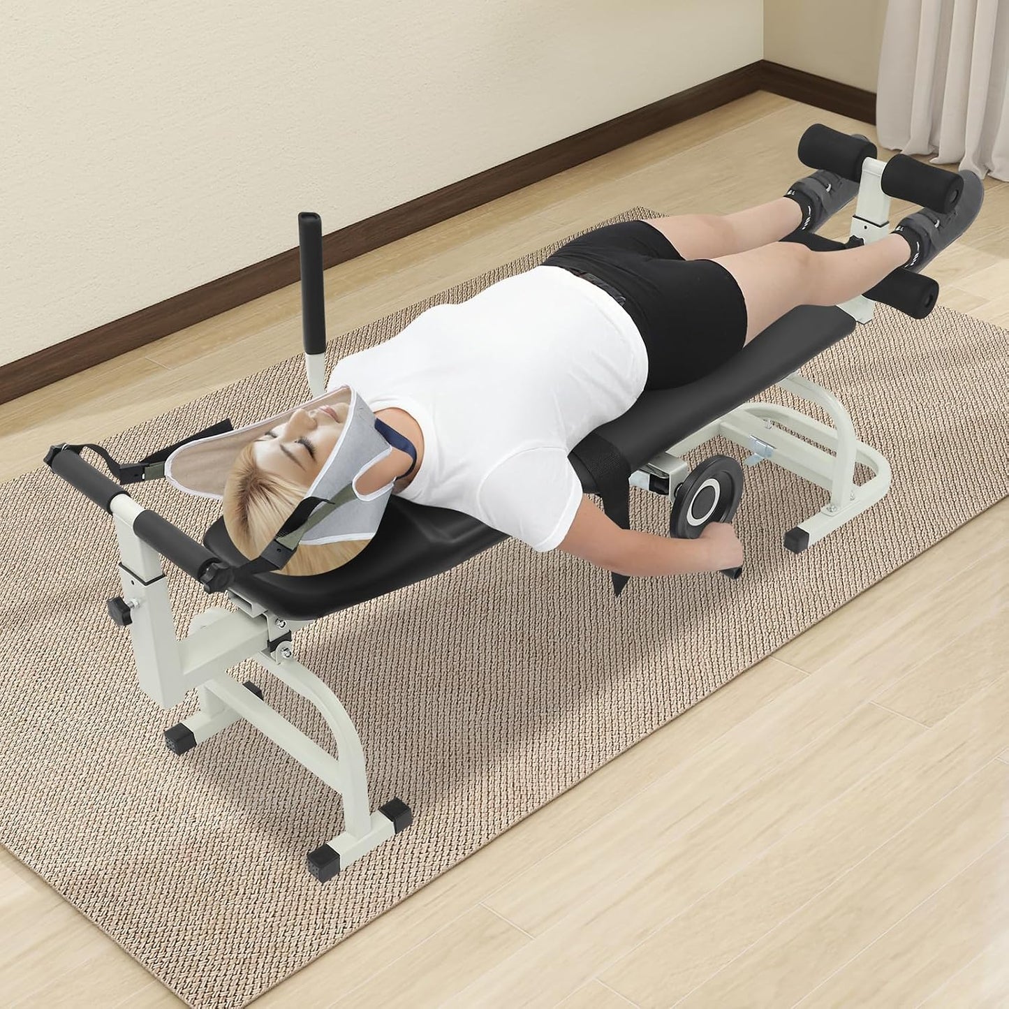 Multifunctional Body Stretcher, 330.69lbs Load Folding Massage Bed Back Stretch Bench Lumbar Traction Bed Neck Stretcher Traction Table with Headrest for Home Use Rehabilitation Centers Clinics