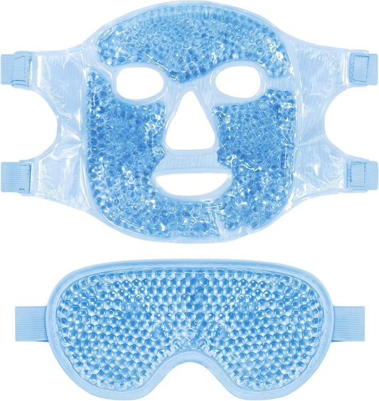 Ice Face Mask and Cooling Eye Mask Set, Reusable Gel Beads Cold Compress Mask for Puffy Eyes, Dark Circles & Sinus Relief, Hot Cold Therapy Face Mask for Skincare, Sleep & Tired Eyes