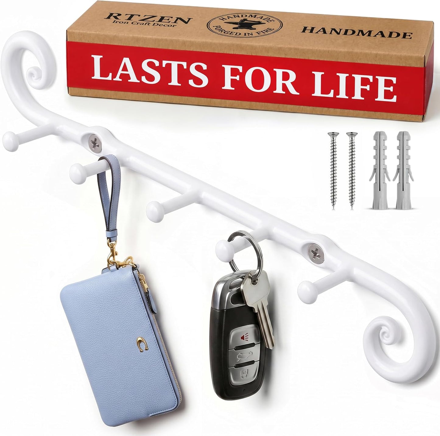 Farmhouse Small Key Holder for Wall, Wrought Iron Wall Mount Rack | Handcrafted Swirl Decorative, 5 Key Hooks for Home Entryway, Purse, Coat and Leash Holder or Organizer (Classic Black)