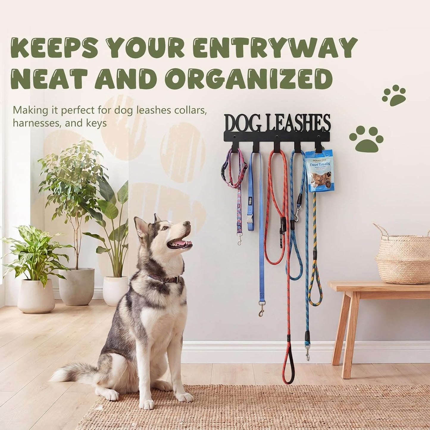 Dog Leash Holder for Wall with 5 Metal Hooks | Key Holder Wall Mount,Pet Leash Collars and Key Organizer, Screw Mounted, Entryway Hallway Kitchen Garage Mudroom Decor