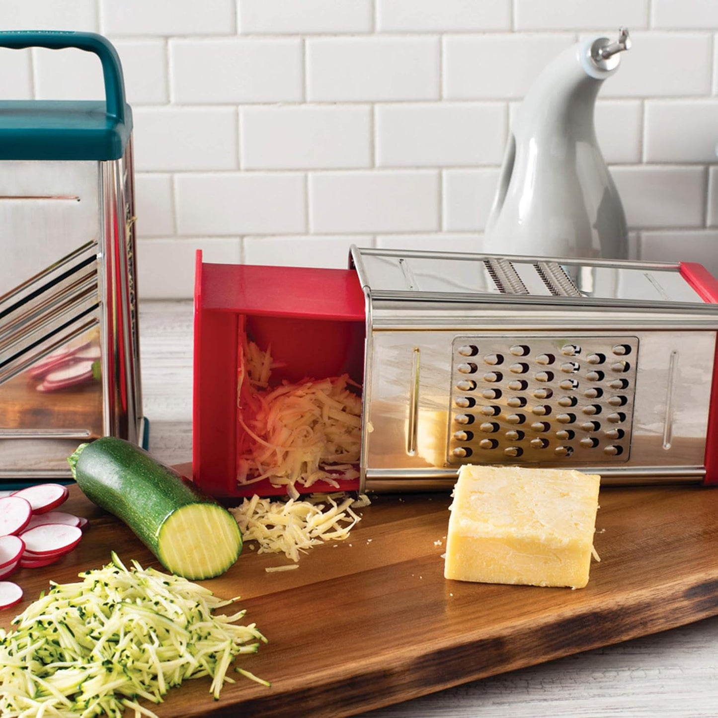Rachael Ray Tools and Gadgets Stainless Steel Box Grater for Vegetables, Chocolate, Hard Cheeses, and more, Red(9.43 x 8.84 x 8.06 inches)
