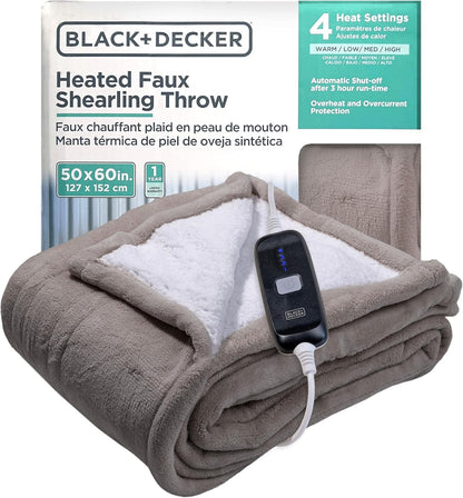 Black+Decker Heated Blanket Electric Throw, Fleece Electric Blanket, Heating Blanket with 4 Heating Levels, 3H Timer, Auto Shutoff, Fast Heating (50x60 inches, Grey)