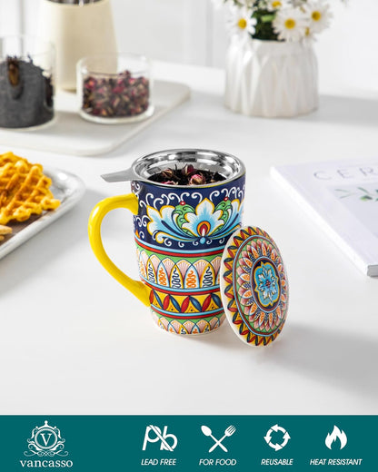 vancasso Ceramic Tea Mug with Infuser and Lid, 18 Ounce Bohemian Loose Leaf Cup, Microwave & Dishwasher Safe, Perfect for Tea, Coffee, Burnt-Cobalt Mandala