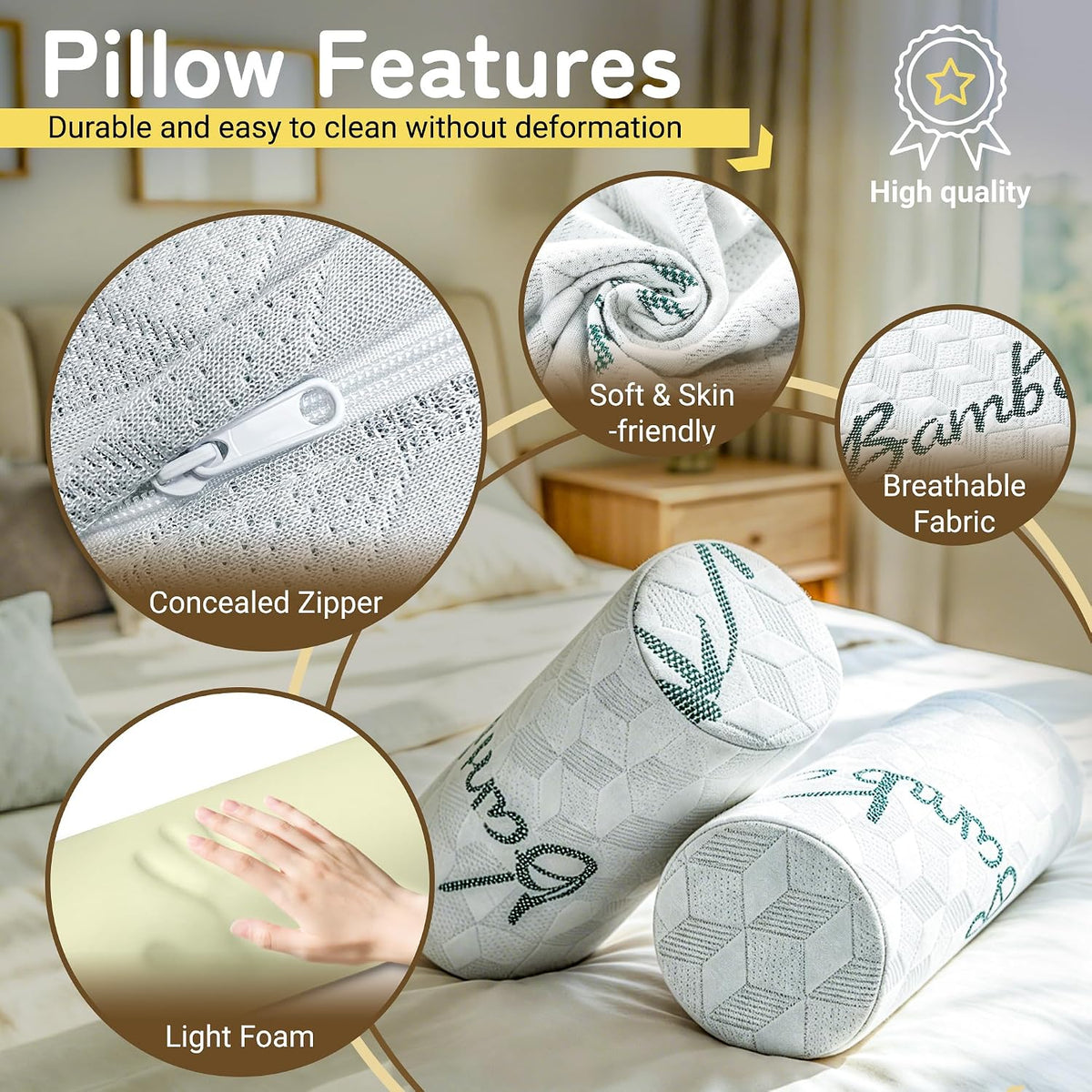 Cervical Roll Pillow, Cylinder Neck Pillow with Removable Washable Cover
