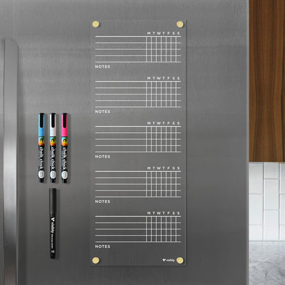 Magnetic Acrylic Chore Chart for Fridge - 7” x 18” Wet-Erase Task Board with 4 Magnetic Markers, Clear Reusable Refrigerator Organizer with Black Magnets