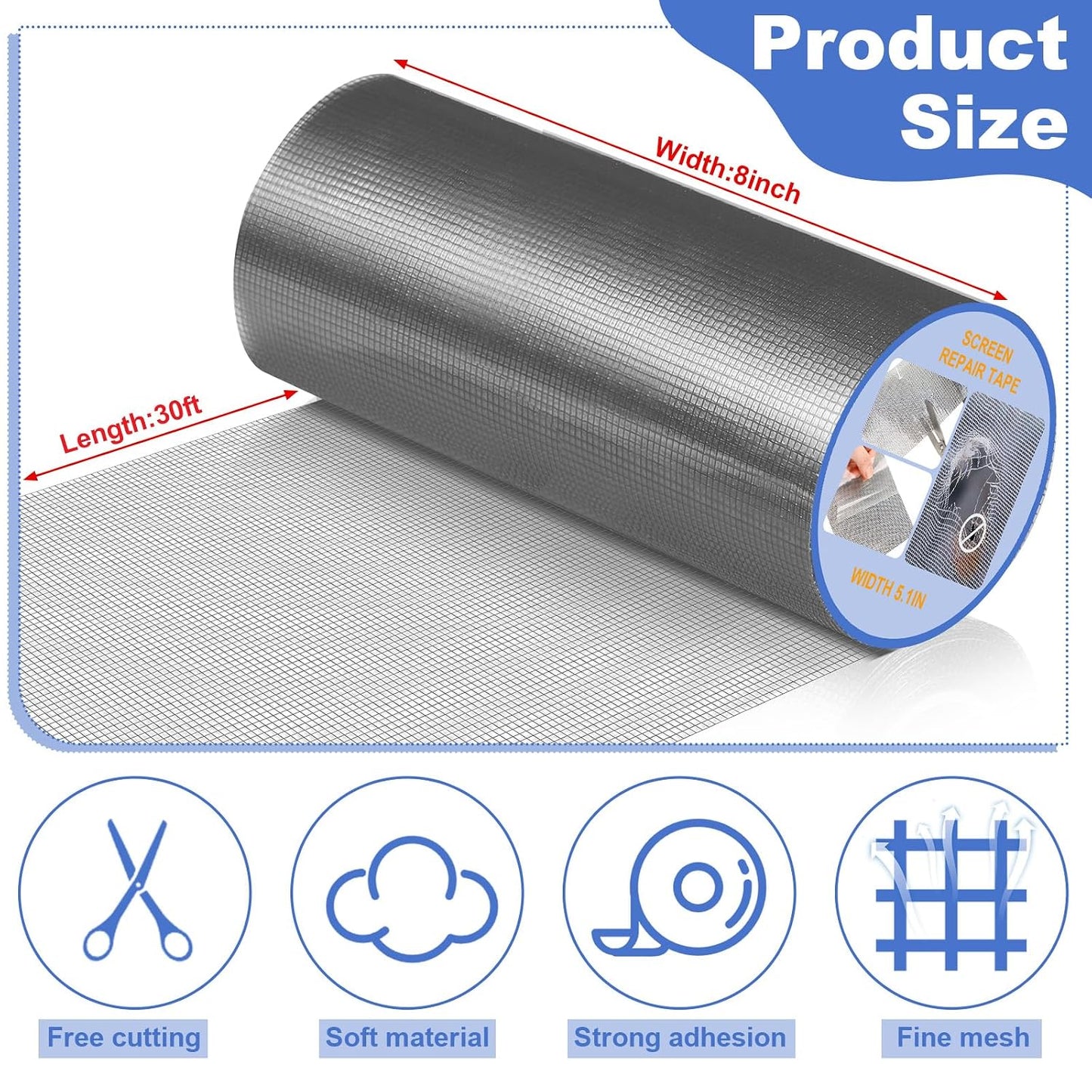 CroBlissful 5 Inch X 20 ft Extra Wide Window Screen Tape Mesh Repair, Gray | Strong Adhesive, Waterproof Fiberglass, Screen Repair Kit Patch, for Window Door Tears Holes