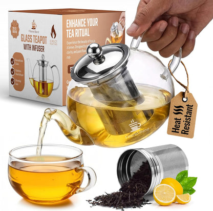 20 oz Clear Glass Teapot with Infuser, Borosilicate Stovetop Tea Pot | Borosilicate Glass, Stainless Steel Herbal Infuser, Heat Resistant, Kitchen Essentials, Loose Leaf Tea Maker with Handle