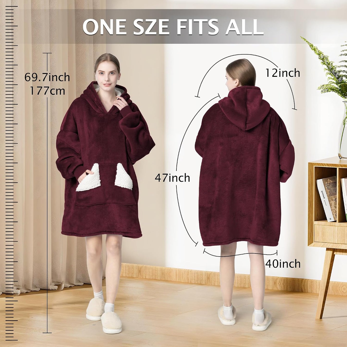 Wearable Blanket Hoodie, Oversized Sherpa Fleece Sweatshirt Blanket with Giant Hood Pocket and Sleeves for Adult, Warm & Cozy Grey Blanket Gifts for Women