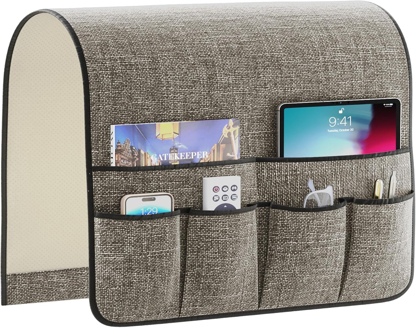 Sofa Armrest Organizer Non-Slip Remote Control Holders for Recliner Couch Chair Armchair Caddy with 5 Pockets for Table,Cell Phone,Ipad,Magazines,Books (Black, 13 x 35 Inch)