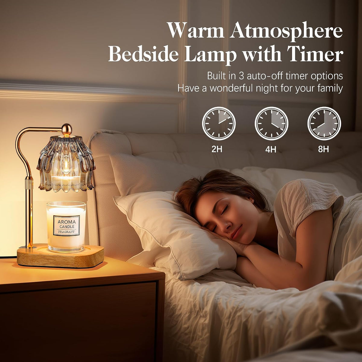 Candle Warmer Lamp with Timer Dimmer, Modern Wax Warmer for Scented Wax Jar Candle Warmer with 2 Bulbs, Adjustable Height Glass Lamp for Gifts for Women, Home Decor, Gold Amber