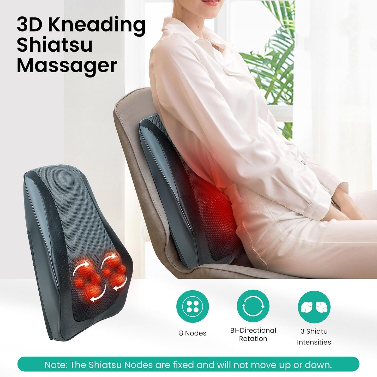 Snailax Back Massager with Heat,Shiatsu Massage Seat Cushion,8 Flexible Nodes Massage for Full Back Massage Chair Pad,Chair Massager for Office,Home Use