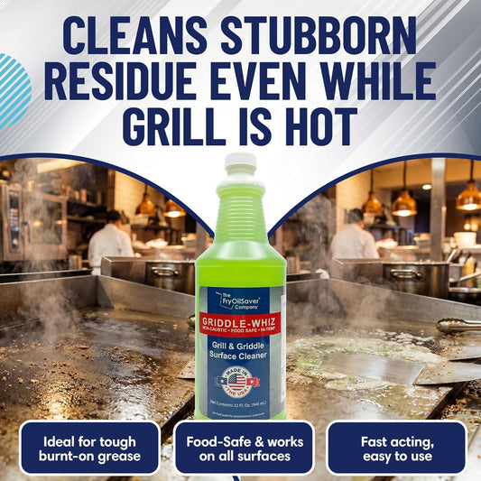 Griddle-Whiz Grill & Griddle Cleaner (4-Pack) | Removes Grease, Food Residue, Burnt On Organics | High Heat Flat Top Grill Cleaner, Food Contact Surface | Non-Caustic Formula by FryOilSaver (32oz)