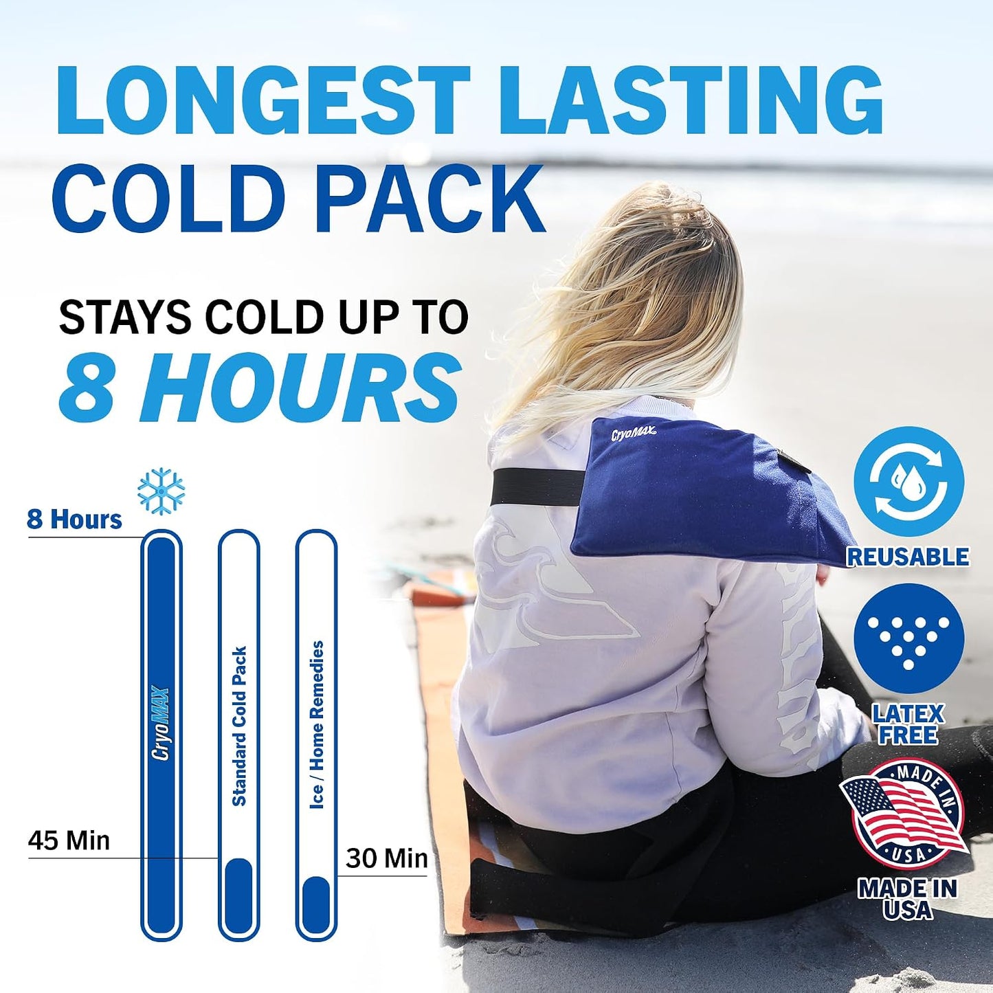 Cryo-Max Cold Pack, 8 Hour Reusable Cold Therapy Ice Pack for Elbows, Knees, Neck + More, Medium, 6" x 12" (1 Count)