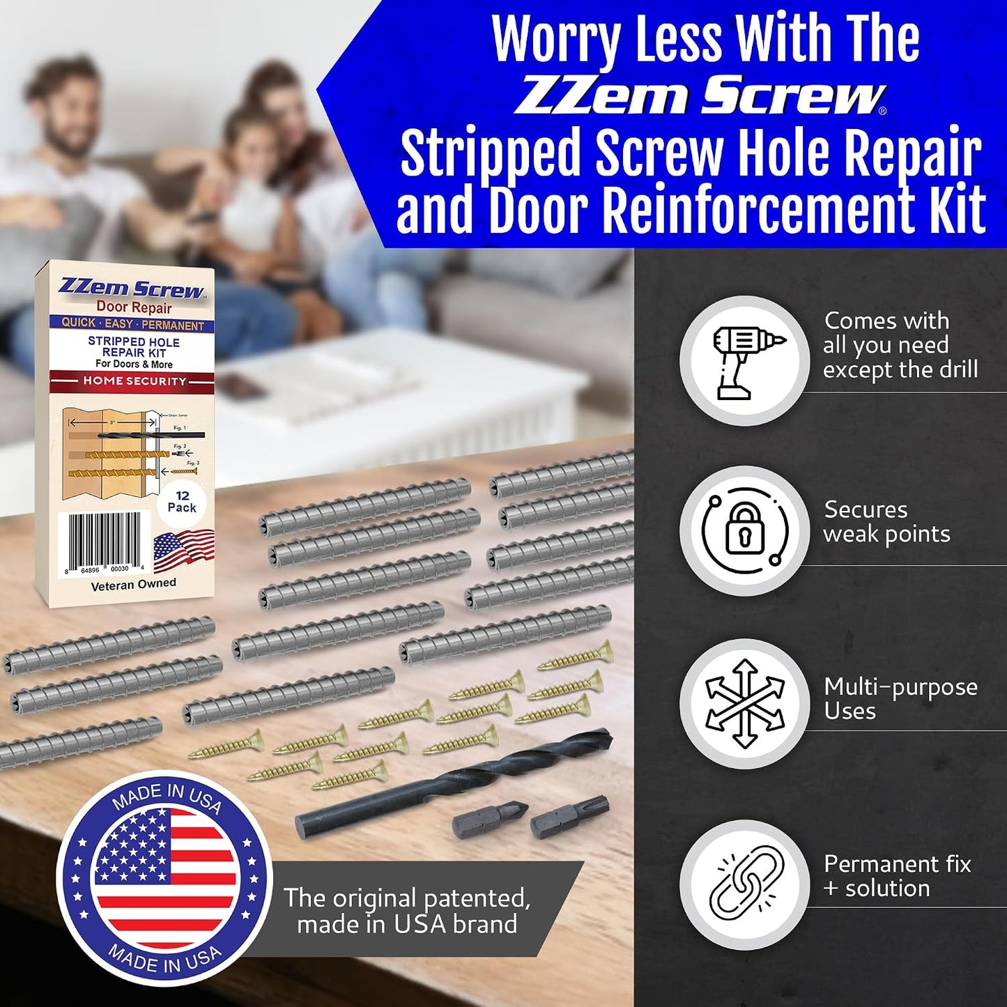 4-Pack #9 x 3 Permanent Stripped Door Hinge Screw Hole Repair Kit | Reinforces hinges, strike plates and door jambs. Installs in minutes. Made in USA