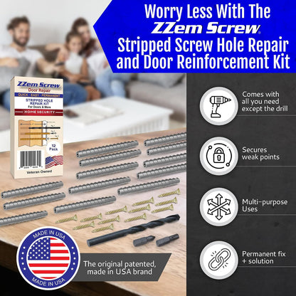 4-Pack #9 x 3 Permanent Stripped Door Hinge Screw Hole Repair Kit | Reinforces hinges, strike plates and door jambs. Installs in minutes. Made in USA