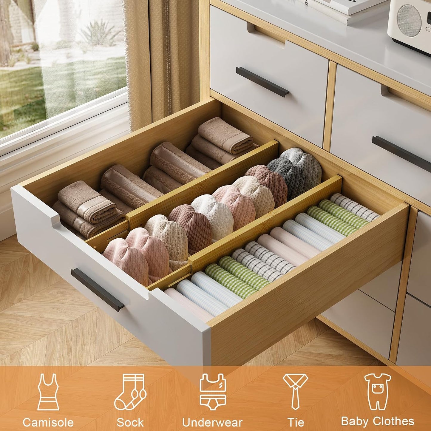 Bamboo Drawer Dividers, Adjustable Drawer Organizers, Fits 12.6–16" Drawers | 2.5" High, 4 Pack Expandable Drawer Separators for Kitchen, Nursery, Dressers & Office Storage, Natural