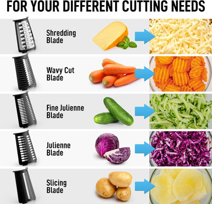Zulay Kitchen Rotary Cheese Grater 5 Blade Cheese Shredder - Manual Hand Crank Cheese Grater With Reinforced Suction & 5 Interchangeable Drums - Easy to Use, Vegetable Chopper Round Mandoline Slicer - Colors A