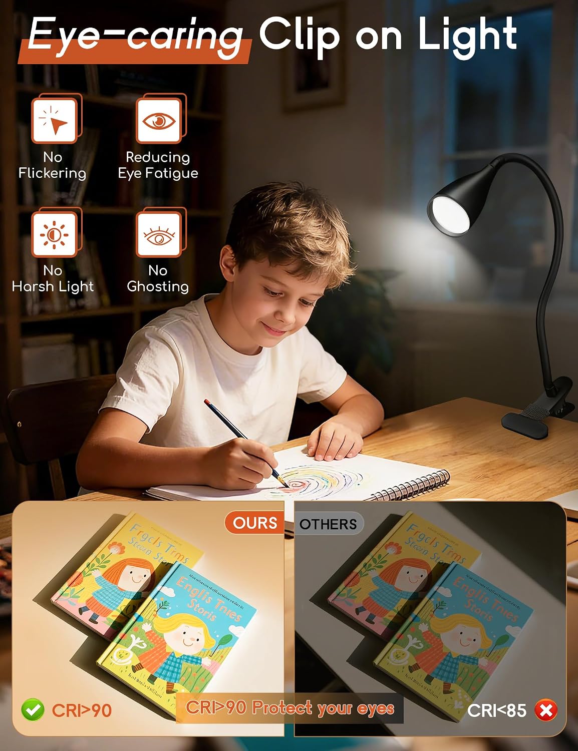 Reading Light for Book in Bed,Clip on Light Reading Lamp with Adapter Black