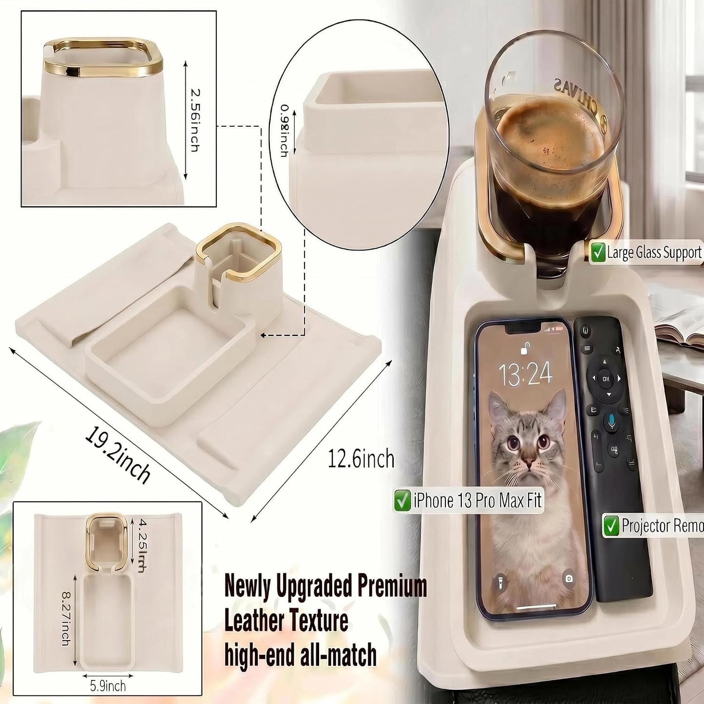 Luxury Gold Trim Couch Cup Holder Tray - Weighted Anti-Spill Navy Blue Silicone Sofa Armrest Organizer, Non-Slip Recliner Tray Table for Drinks, Remote, Phone - Fits Most Couch Arms