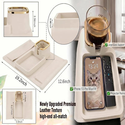 Luxury Gold Trim Couch Cup Holder Tray - Weighted Anti-Spill Navy Blue Silicone Sofa Armrest Organizer, Non-Slip Recliner Tray Table for Drinks, Remote, Phone - Fits Most Couch Arms