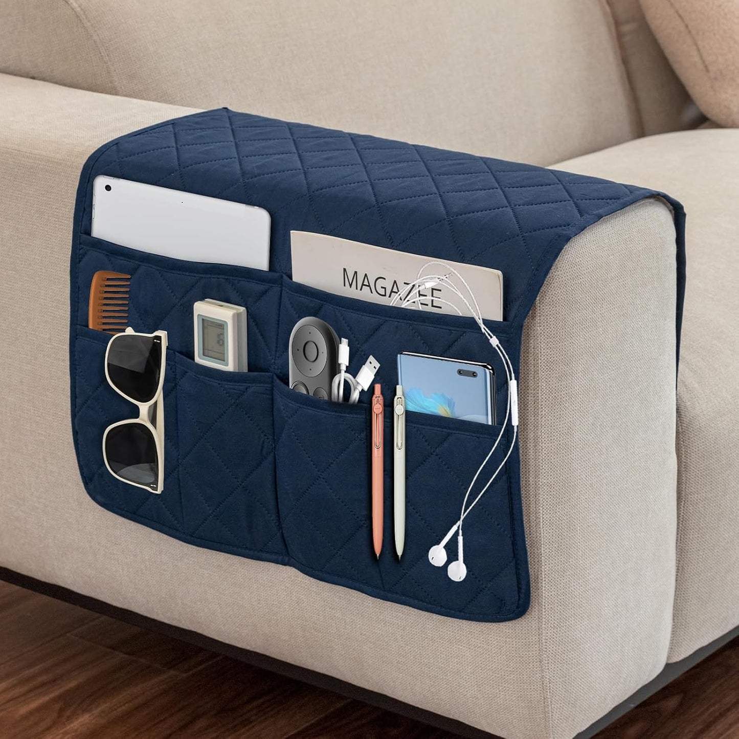 Remote Control Holder for Recliner, Armchair Caddy, Non Slip Sofa Armrest Organizer for Recliner Couch With 6 Pockets for TV Remote,Cell Phone,Magazine (Off-White)