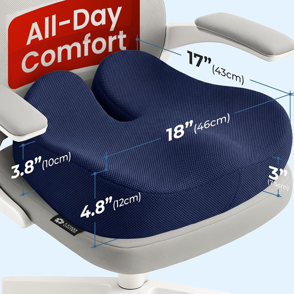 5 STARS UNITED Seat Cushion - Memory Foam Chair Cushion for Tailbone Pain Relief - Ergonomic Support for Coccyx, Sciatica & Butt - Office, Desk & Gaming Chair, Car Seat, Wheelchair, Airplane, Black