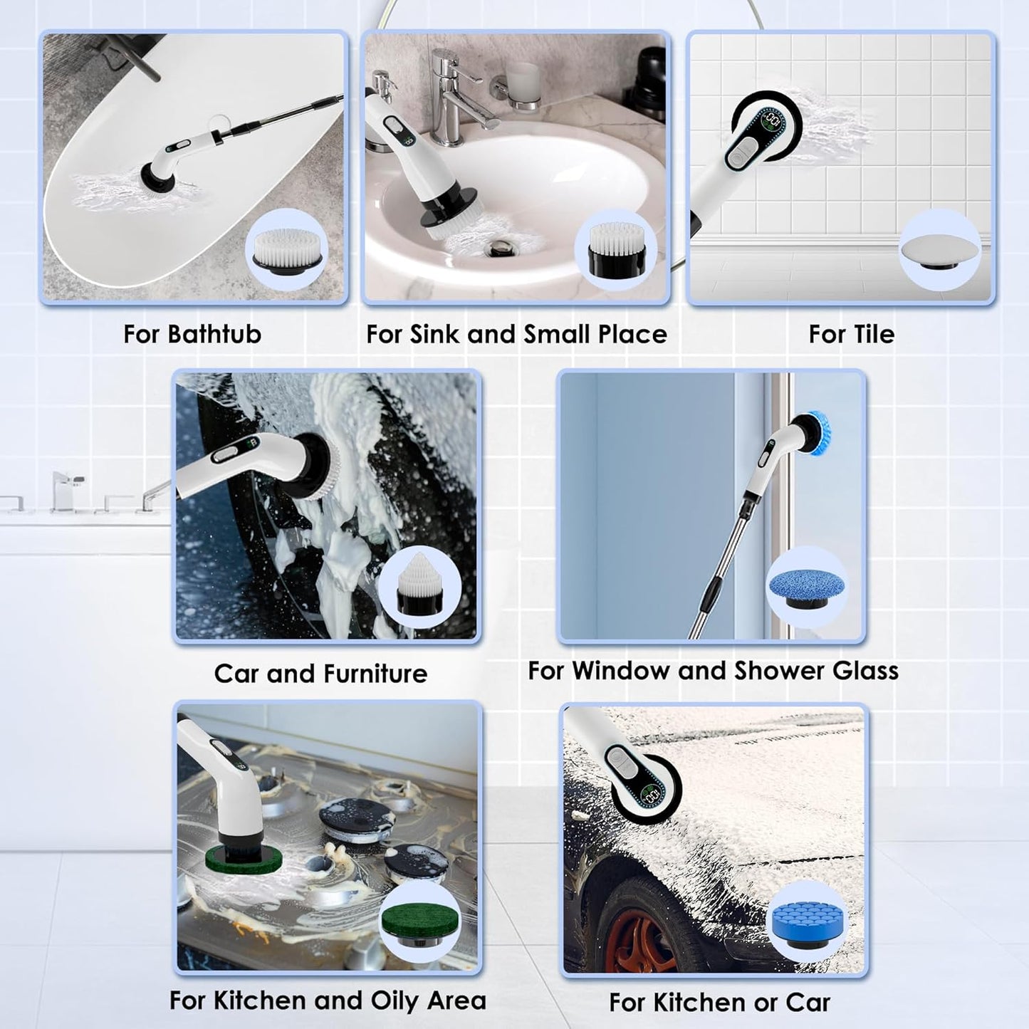 Electric Spin Scrubber for Cleaning, Cordless Power Scrubber with Long Handle, 10 Replaceable Brush Heads, 2-Speed, IPX7 Waterproof for Bathroom, Shower, Tub, Tile & Kitchen