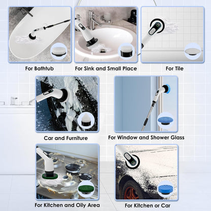 Electric Spin Scrubber for Cleaning, Cordless Power Scrubber with Long Handle, 10 Replaceable Brush Heads, 2-Speed, IPX7 Waterproof for Bathroom, Shower, Tub, Tile & Kitchen