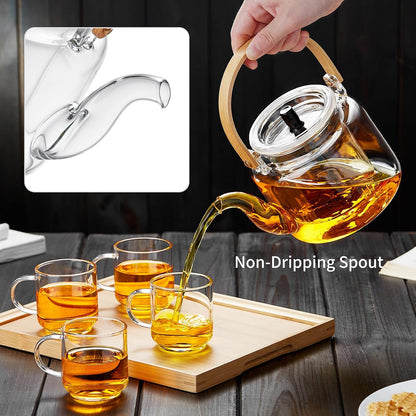 Glass Teapot Set, 37OZ/1100ML Glass Tea Kettle with 4 Double Wall Teacups, Tea Pot with Infusers for Loose Tea, Stovetop & Microwave Safe Tea Maker