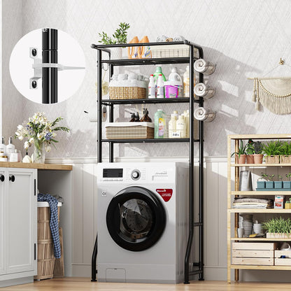 Simple Trending Over The Toilet Storage Cabinet, Metal Bathroom Shelf Organizer with Paper Holder and Hooks, 3 Tier, Black