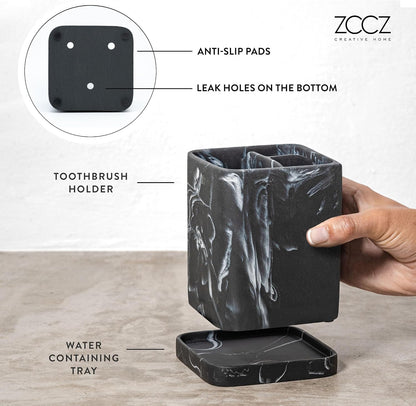 Marble Look Toothbrush Holder for Bathroom Countertop Organizer, Holds Toothpaste, Dental Floss, Razor, Comb, Makeup Brushes, and More, Stylish Bathroom Accessory for Tooth Brushing Essentials