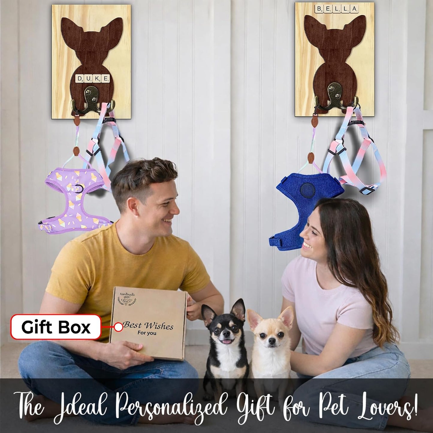 Dog Leash Holder Wall Mount, Pet Harness Hanger with Scrabble Letters, Dog Collar Organizer for Entryway, Memorial Cat Leash Holder for Wall, Pet Loss Gifts, Keepsake, Home Decor PF212-NAT