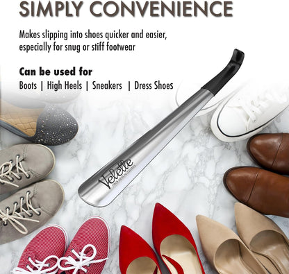 Metal Shoe Horn Long Handle for Seniors - Stainless Steel 2 Pack | 16.5 in + 7.5 in Travel Size, Shoehorn Fits Boots Sneakers Dress, Men Women Kids Elderly, Calzador de Zapatos, Helper Tool