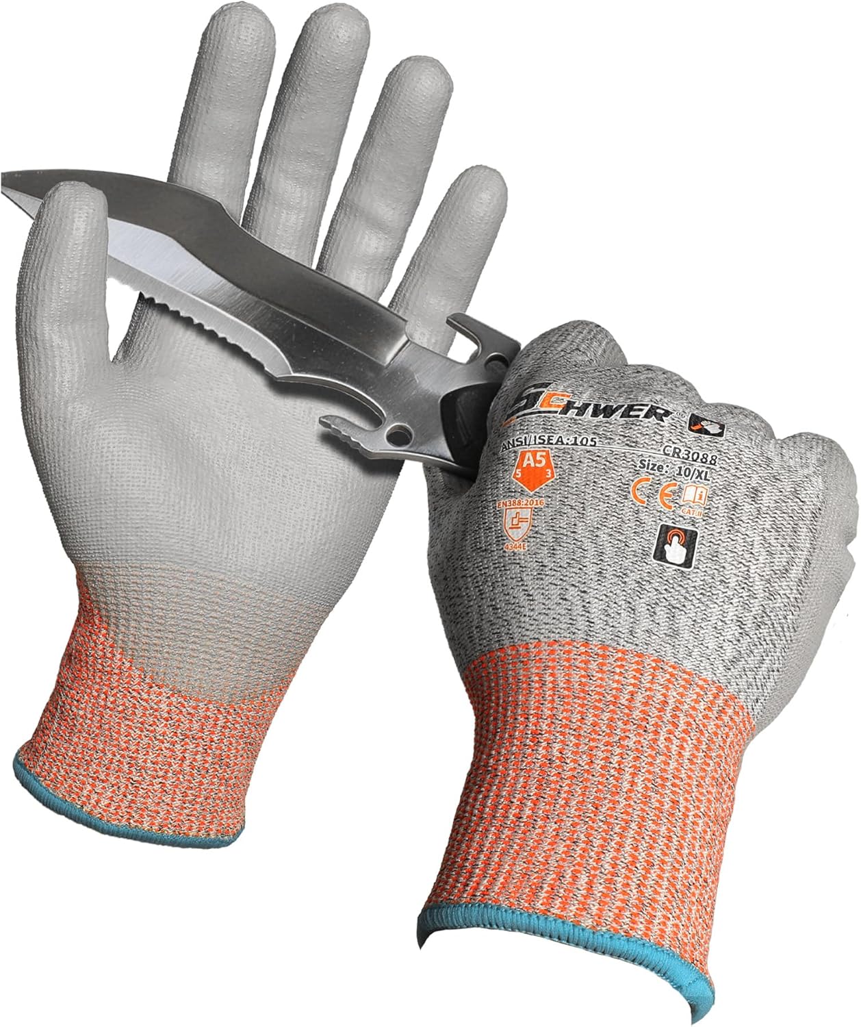 Schwer 12 Pairs A5 Cut Resistant Gloves, Non PFAS & Fiberglass，CR3088, L | Non PFAS Fiberglass, PU Coating, Strong Grip, Abrasion Resistant, for Glass Cutting, Warehouse Handling, Gardening Work