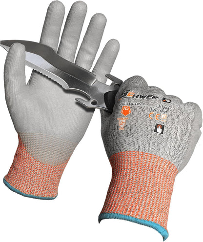 Schwer 12 Pairs A5 Cut Resistant Gloves, Non PFAS & Fiberglass，CR3088, L | Non PFAS Fiberglass, PU Coating, Strong Grip, Abrasion Resistant, for Glass Cutting, Warehouse Handling, Gardening Work