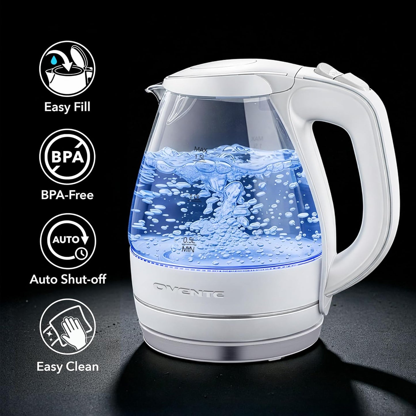 OVENTE 1.5L Glass Electric Kettle Water Boiler, Black KG83B | 1100W Fast Boiling, Borosilicate Glass, BPA-Free, Blue LED, Auto Shut-Off, Boil-Dry Protection, Removable Filter, 360° Base