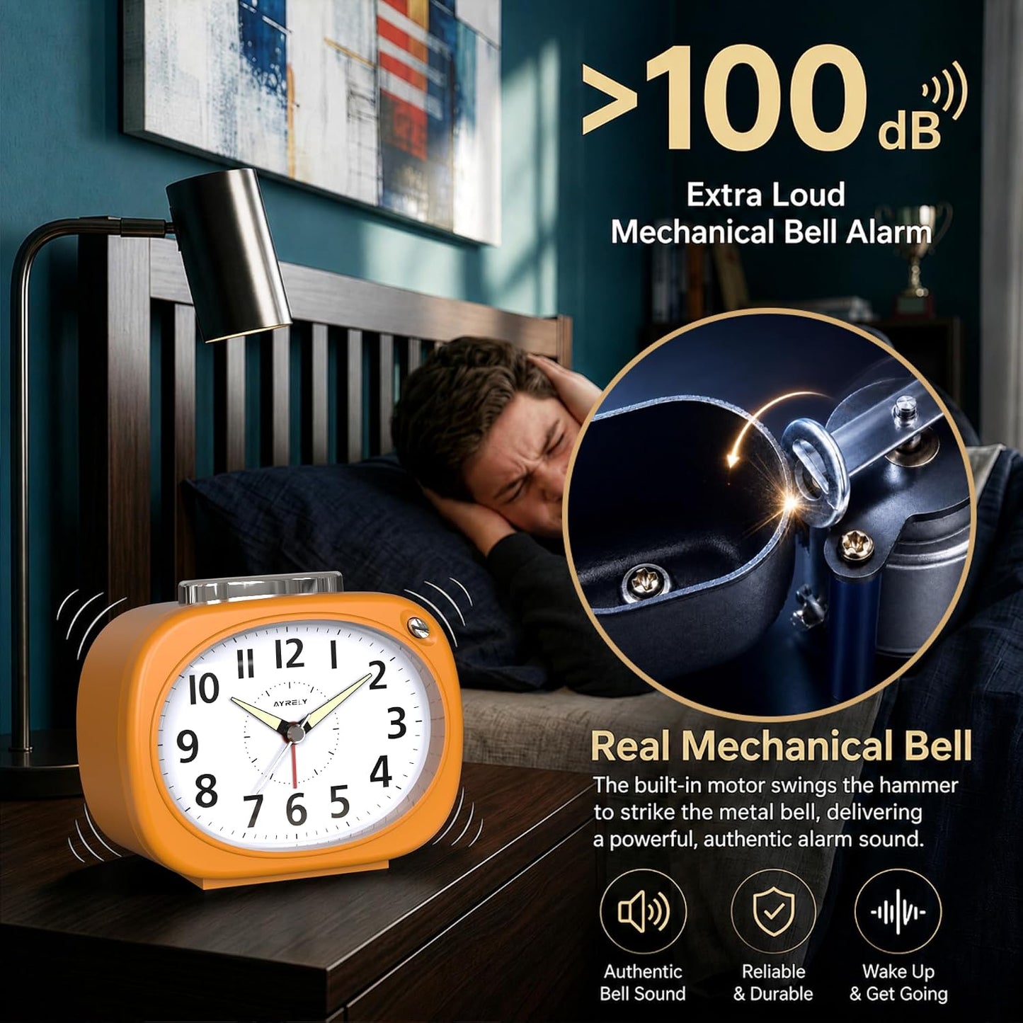 AYRELY® 4.5" Loud Analog Alarm Clock for Heavy Sleepers, 100 dB Alarm Sound | Mechanical Bell, Silent Quartz Desk Clock and Table Clock with 10-Second Night Light, Luminous Hands for Bedroom and Bedside