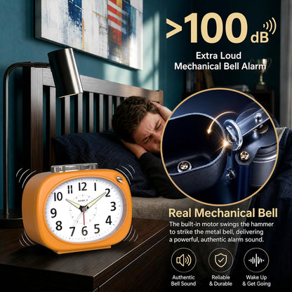 AYRELY® 4.5" Loud Analog Alarm Clock for Heavy Sleepers, 100 dB Alarm Sound | Mechanical Bell, Silent Quartz Desk Clock and Table Clock with 10-Second Night Light, Luminous Hands for Bedroom and Bedside