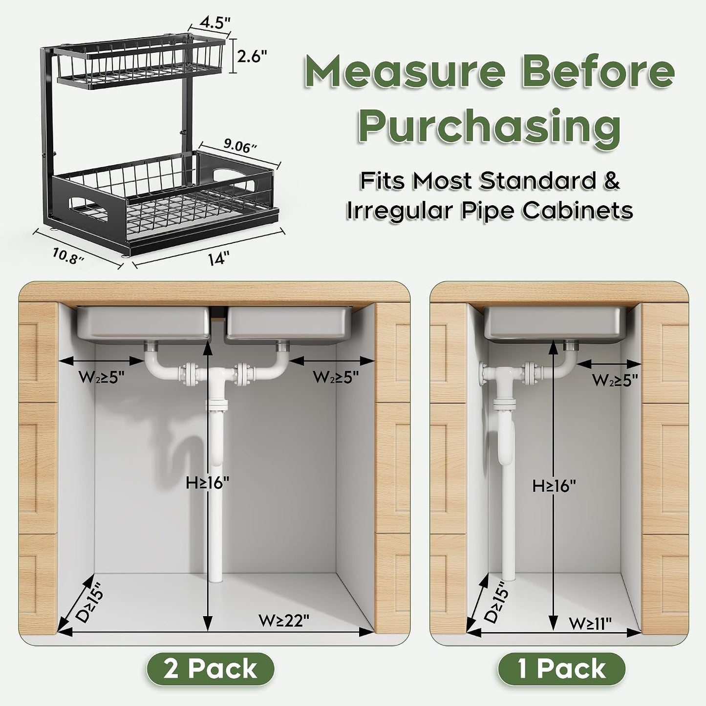 Under Sink Organizer, 2-Pack L-Shaped Metal Pull-Out Drawers for Kitchen | Cabinet Organizer Height Adjustable Heavy Duty Metal 2-Tier Storage Fits Beside Common Pipes for Bathroom Pantry