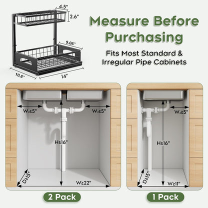 Under Sink Organizer, 2-Pack L-Shaped Metal Pull-Out Drawers for Kitchen | Cabinet Organizer Height Adjustable Heavy Duty Metal 2-Tier Storage Fits Beside Common Pipes for Bathroom Pantry