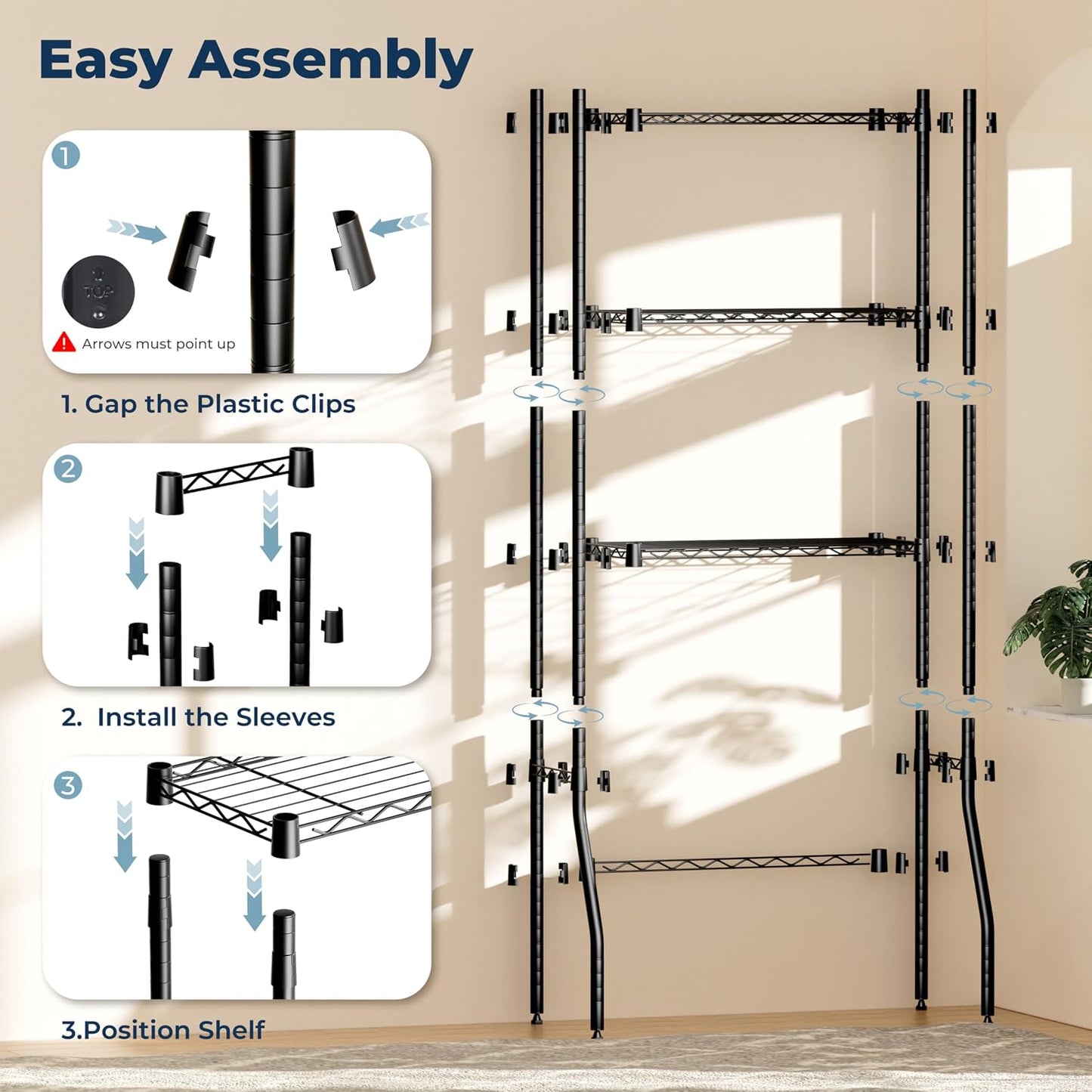 Laundry Room Storage Shelf & Organizer, 2 Tier Metal Over Washer and Dryer Shelves, Washing Machine Shelf with Hanger Rod, Expandable Bathroom Space Saver Shelf, 26–37" L x 15.8" W x 59.5" H, Black