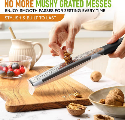 Spring Chef Stainless Steel Lemon Zester - Garlic & Ginger Grater - Gray | Premium Zester with Blade Cover, Cheese Grater with Handle for Parmesan, Nutmeg, Lime - Durable Citrus Zester, Fine Shred