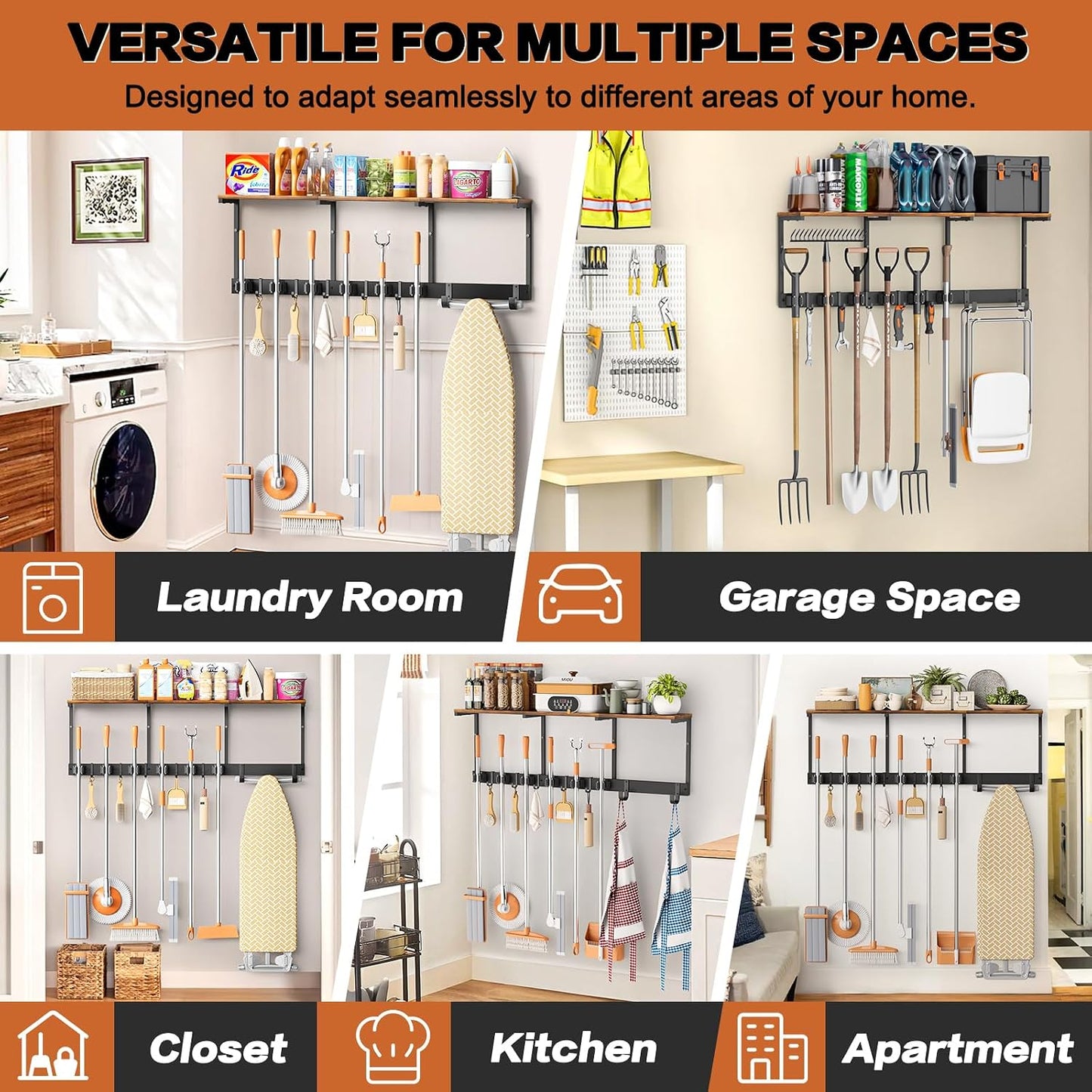Broom Holder Wall Mount with Cleaning Supplies Organizer, Laundry Room Organization and Storage Shelves with Mop Hanger Rack Gripper Hooks, Utility Shelf Closet Organizer for Home Garage Kitchen