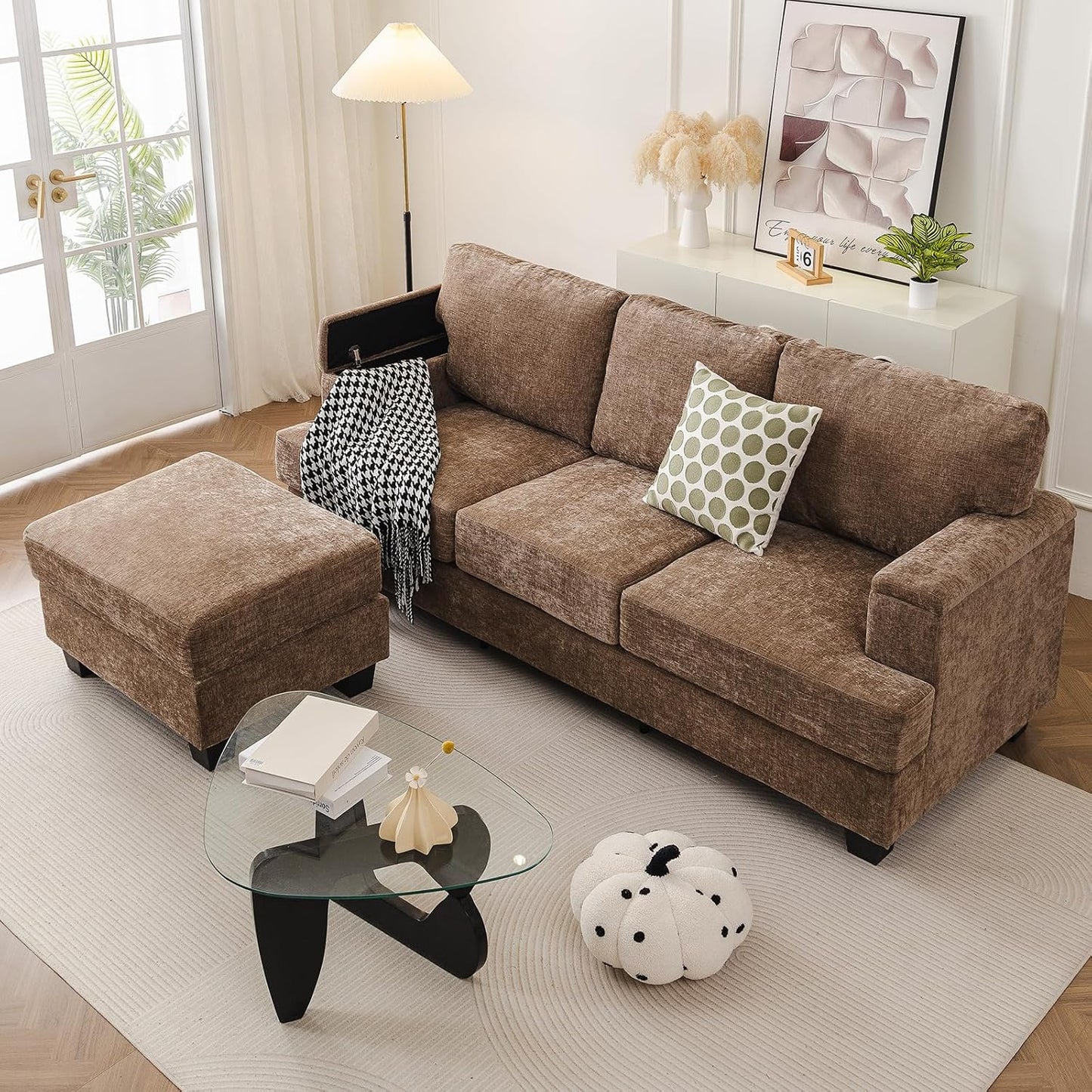 85'' L Shaped Couch with Armrest Organizer,Sectional,Movable Ottoman,Khaki | Comfy Sectional Sofa with Thick Cushion,3 Seats Sofas,Sectional Couches for Living Room,Bedroom,Apartment,Chenille