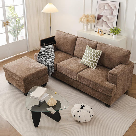 85'' L Shaped Couch with Armrest Organizer,Sectional,Movable Ottoman,Khaki | Comfy Sectional Sofa with Thick Cushion,3 Seats Sofas,Sectional Couches for Living Room,Bedroom,Apartment,Chenille